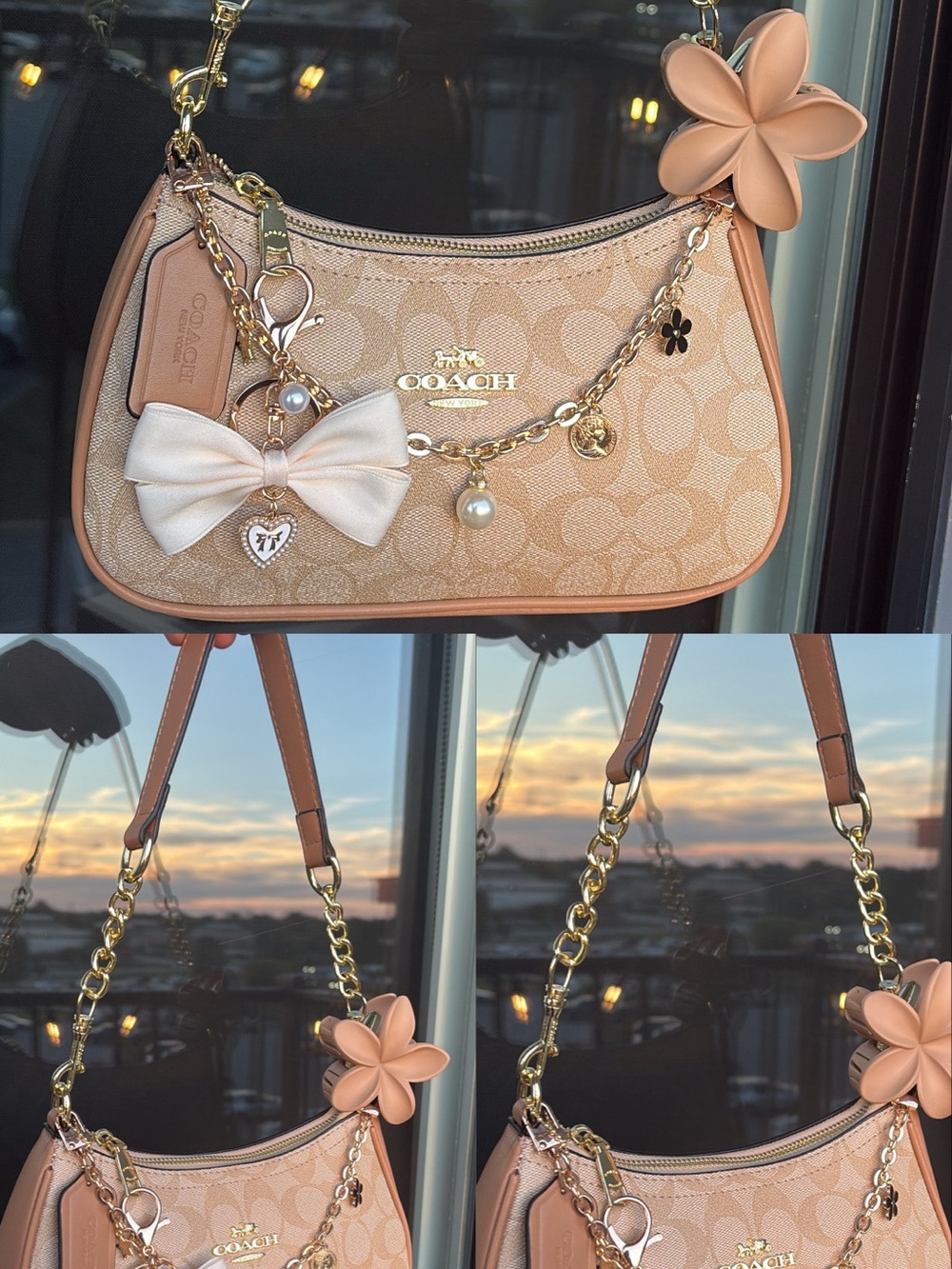 Coach Peach Signature Logo Shoulder Bag with Bow Charm